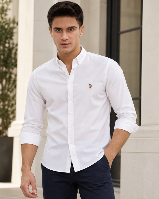 Model wearing the white slim fit Oxford button-down shirt with multicolor logo, lifestyle view