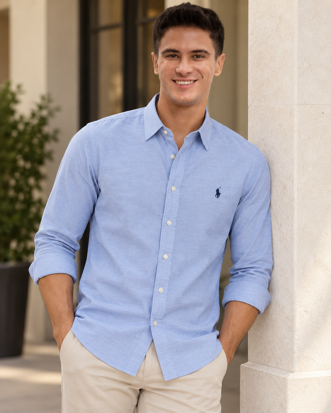 Model wearing the baby blue long-sleeve shirt, lifestyle view