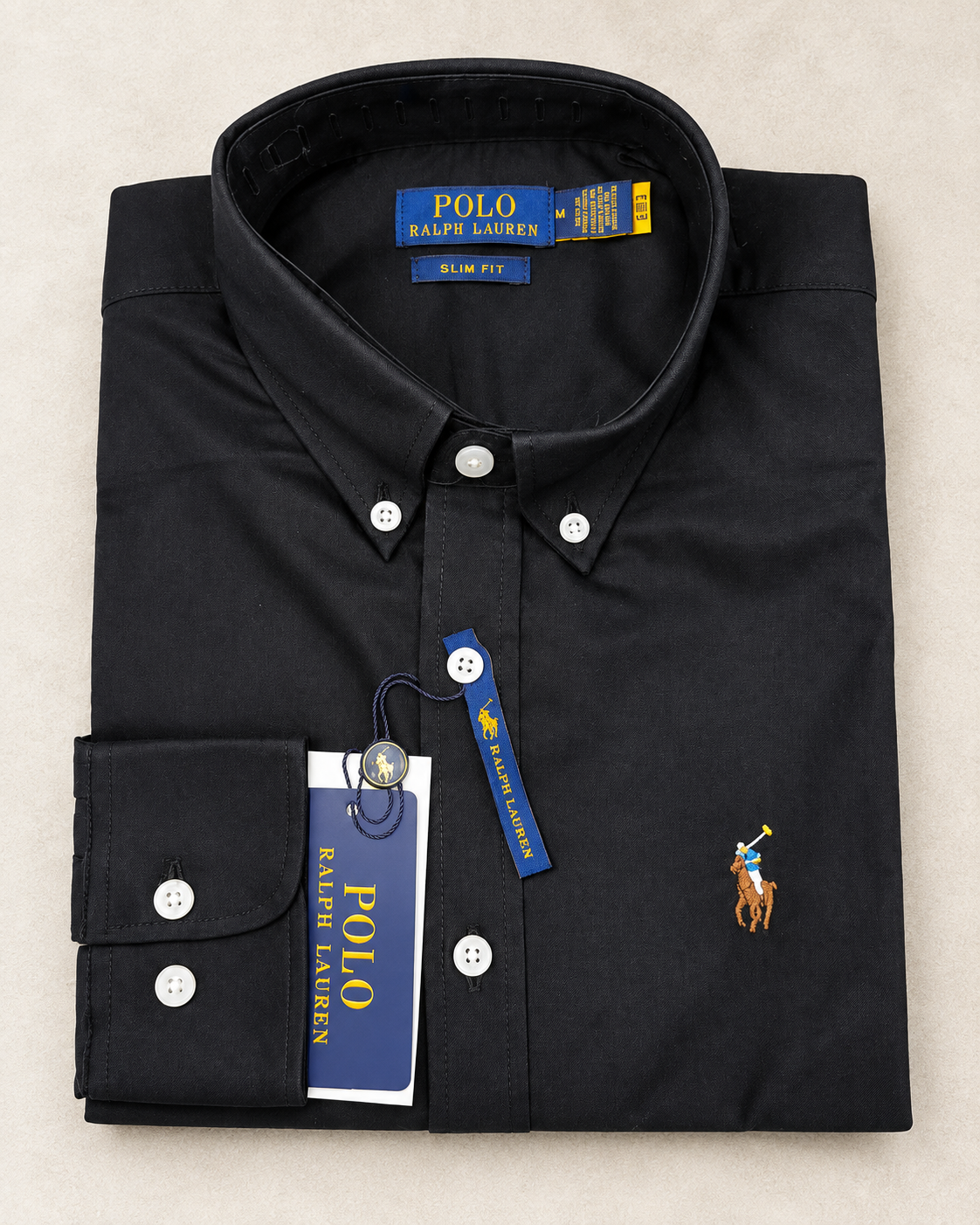 Black slim fit Oxford button-down shirt folded, flat lay