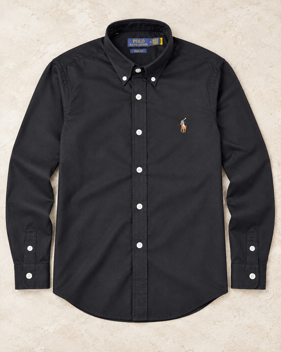 Black slim fit Oxford button-down shirt with multicolor pony logo, full flat lay