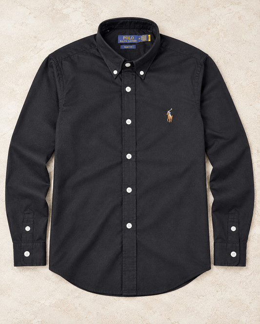 Black slim fit Oxford button-down shirt with multicolor pony logo, full flat lay