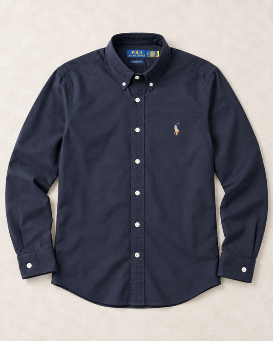 Navy slim fit Oxford button-down shirt with multicolor pony logo, full flat lay