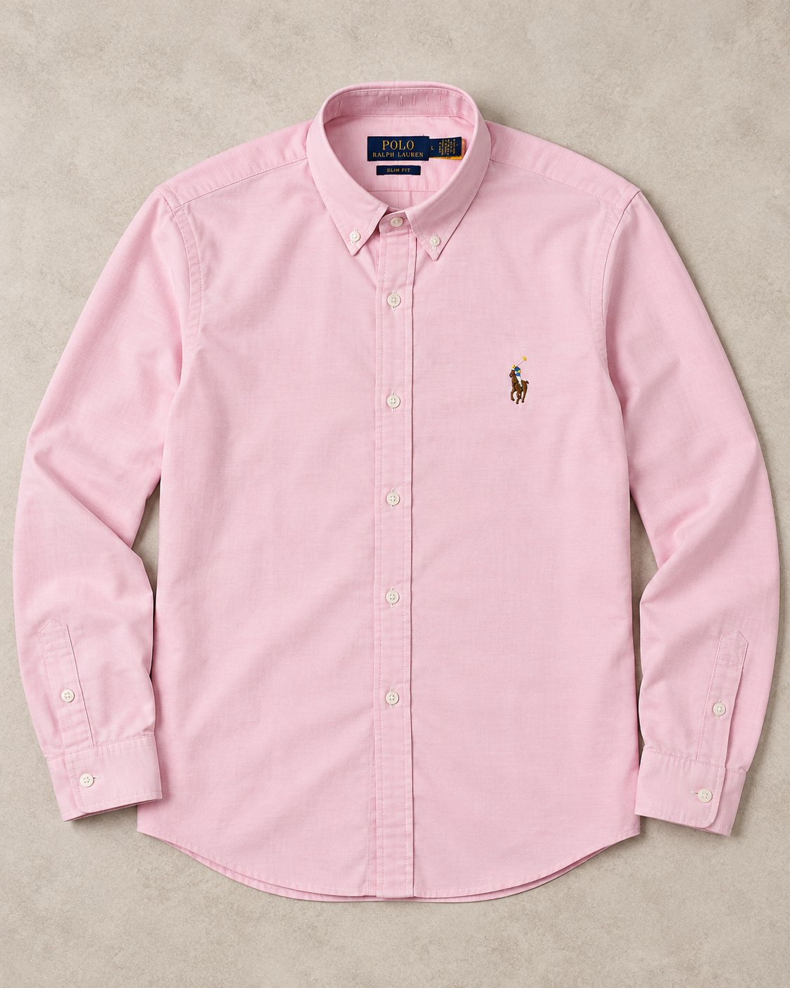 Pink slim fit Oxford button-down shirt with multicolor pony logo, full flat lay