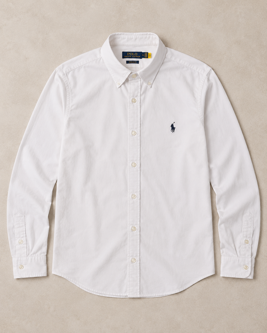White slim fit Oxford button-down shirt with navy pony logo, full flat lay