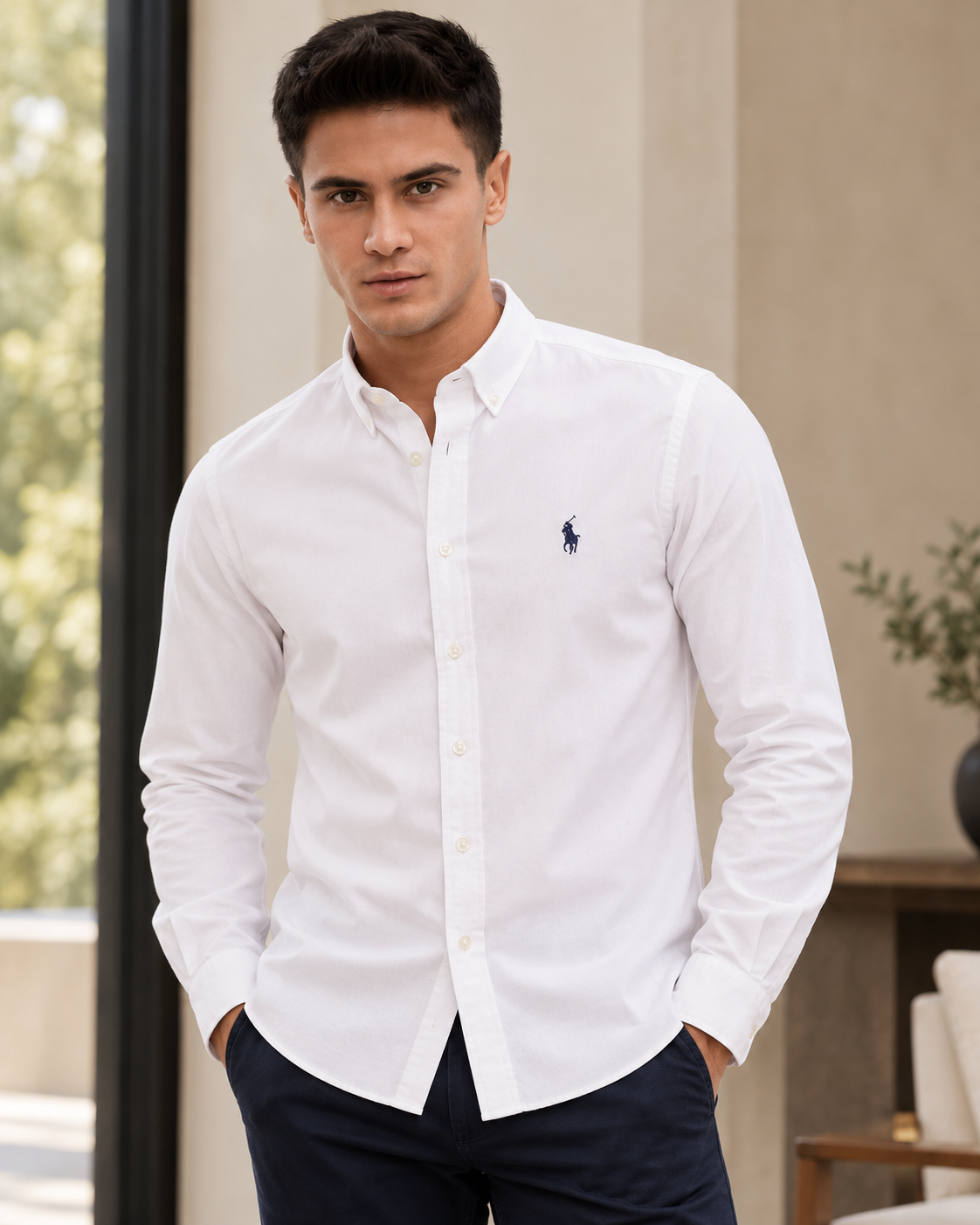 Model wearing the white slim fit Oxford button-down shirt, lifestyle view