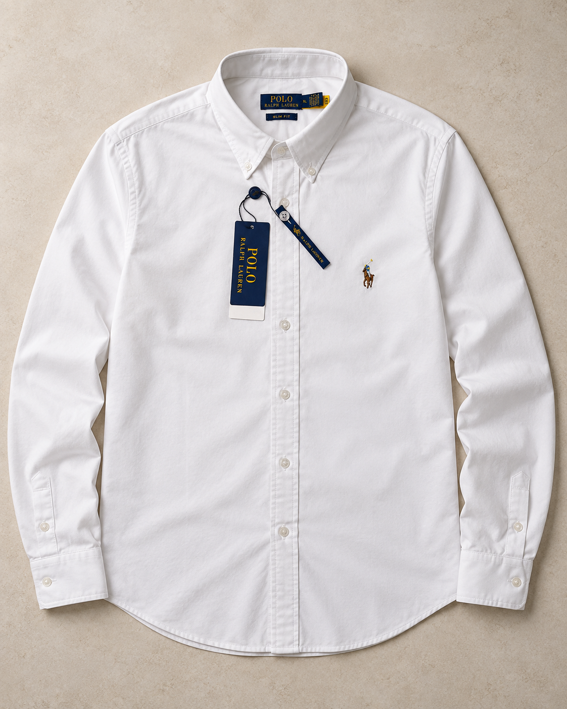 White slim fit Oxford button-down shirt with multicolor pony logo and hang tag, full flat lay