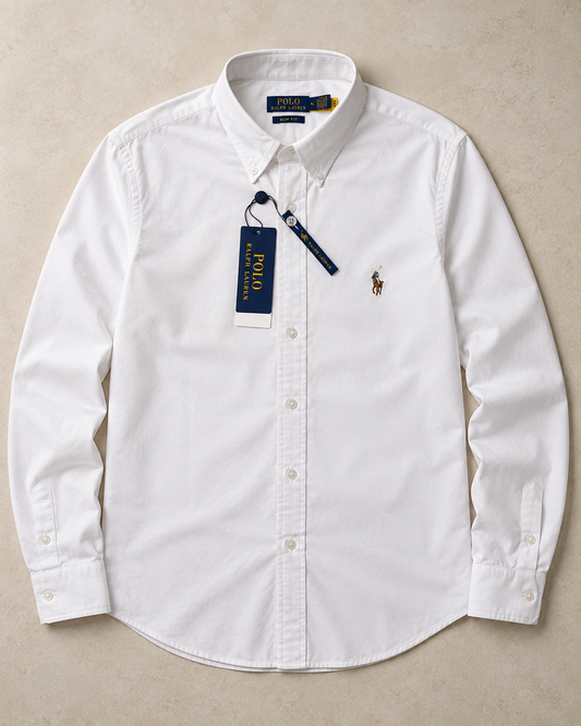 White slim fit Oxford button-down shirt with multicolor pony logo and hang tag, full flat lay